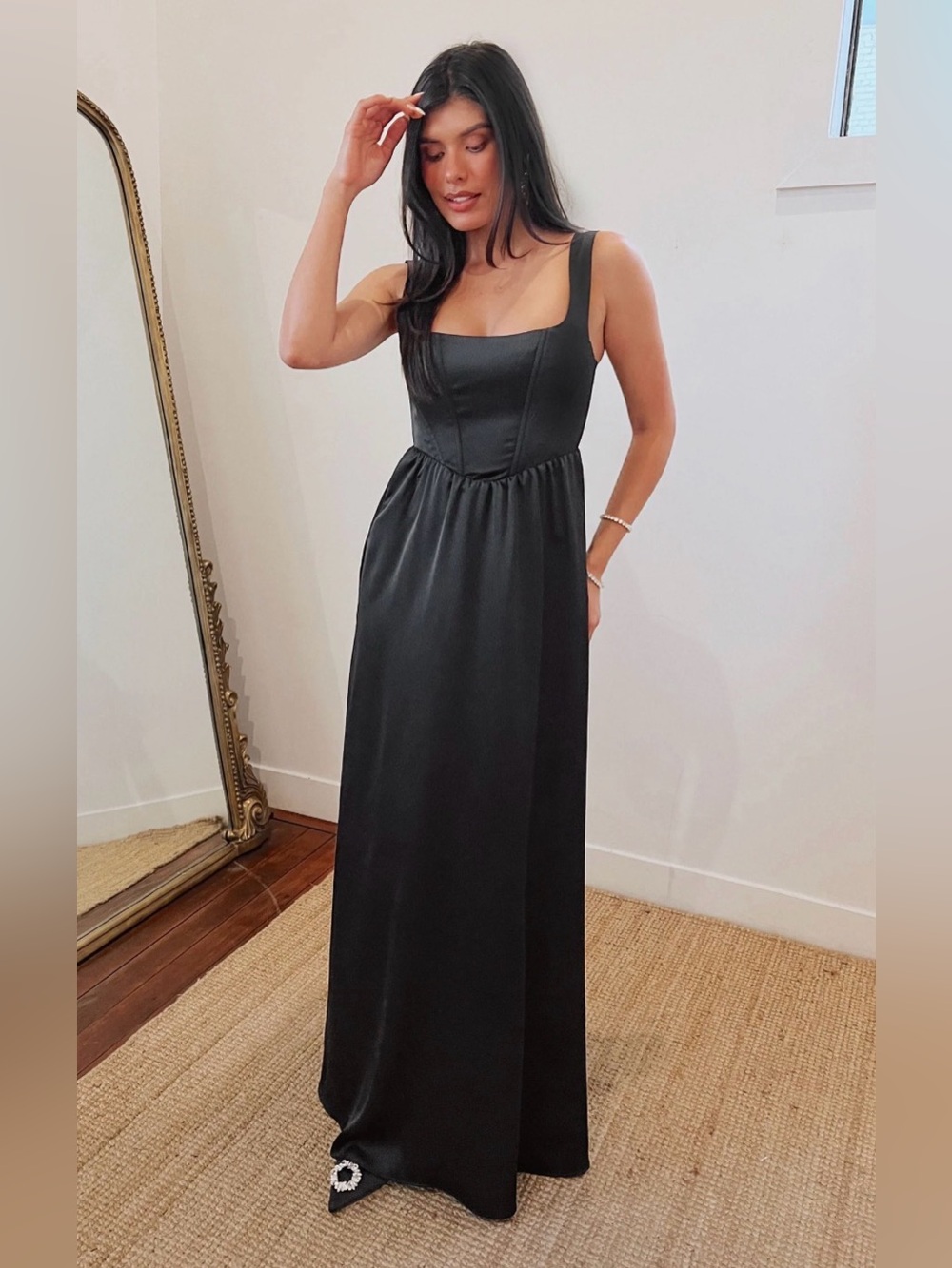 Show Me Your Mumu Nina Maxi Dress Black Luxe Satin Bridesmaid Guest size Large